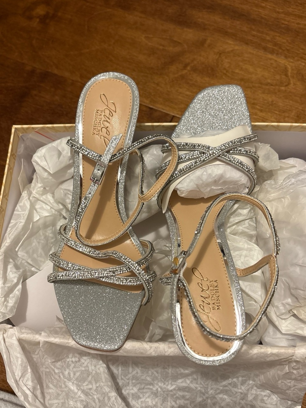 Jewel Badgley Mischka Silver Glitter Rhinestone Strappy Heels